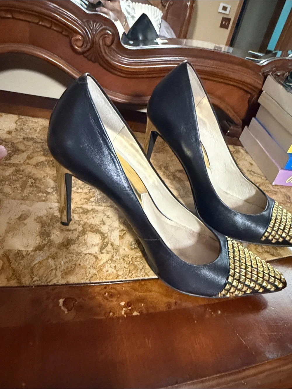 Michael Kors Black Leather Pointed-Toe Pumps with Gold Studs